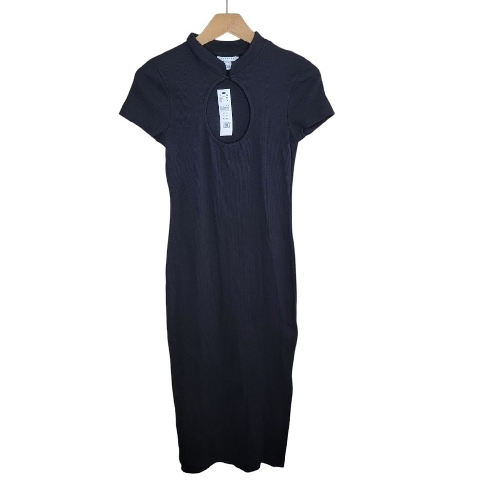 NWT Topshop Bodycon Ribbed Stretchy Black Midi Dress with Keyhole Front US 8